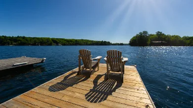 chairs on a lake dock