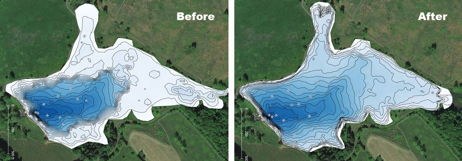Bathymetry analysis showing Roland Lake before and after Clean-Flo bioaugmentation treatment