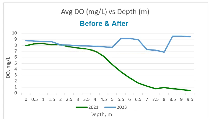 RADOR oxygenation system dissolved oxygen chart showing before and after treatment